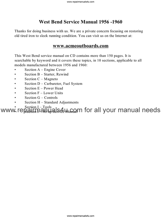 Product picture West bend Elgin outboard motor service manual 1956 - 1960